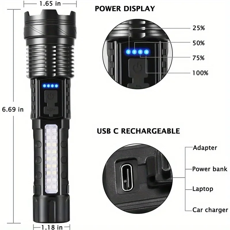 WZS Strong Light LED Flashlight with Zoom and Digital Display Type-C Rechargeable 18650 Battery Flashlight for Camping Emergency