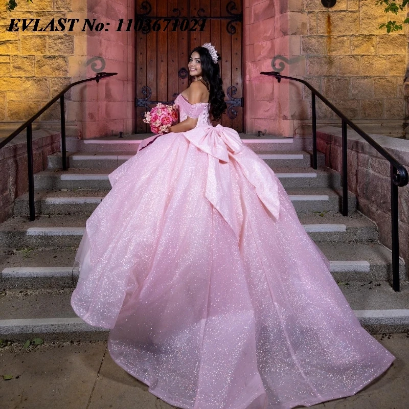 EVLAST personalizado Rosa vestido para quinceañeras vestido De baile brillante apliques con cuentas arco escalonado mexicano dulce 16 Vestidos De 15 Anos SQ526