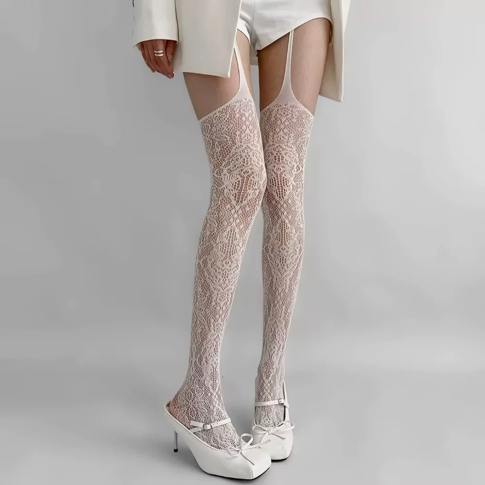 

Transparent Mesh Flower Long Tights Ultra-thin Lolita JK Style Mesh Pantyhose Irregular Hollow Lace Suspender Stockings