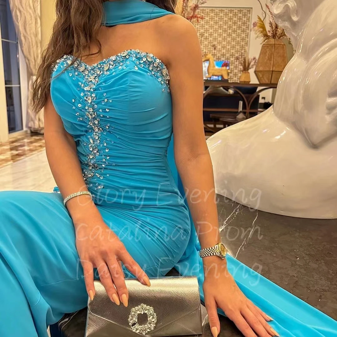 Elegant Sky Blue Evening Dress Sweetheart Prom Dresses gala Floor Length Beading Saudi Arabia Women's Formal Wedding Party Dress