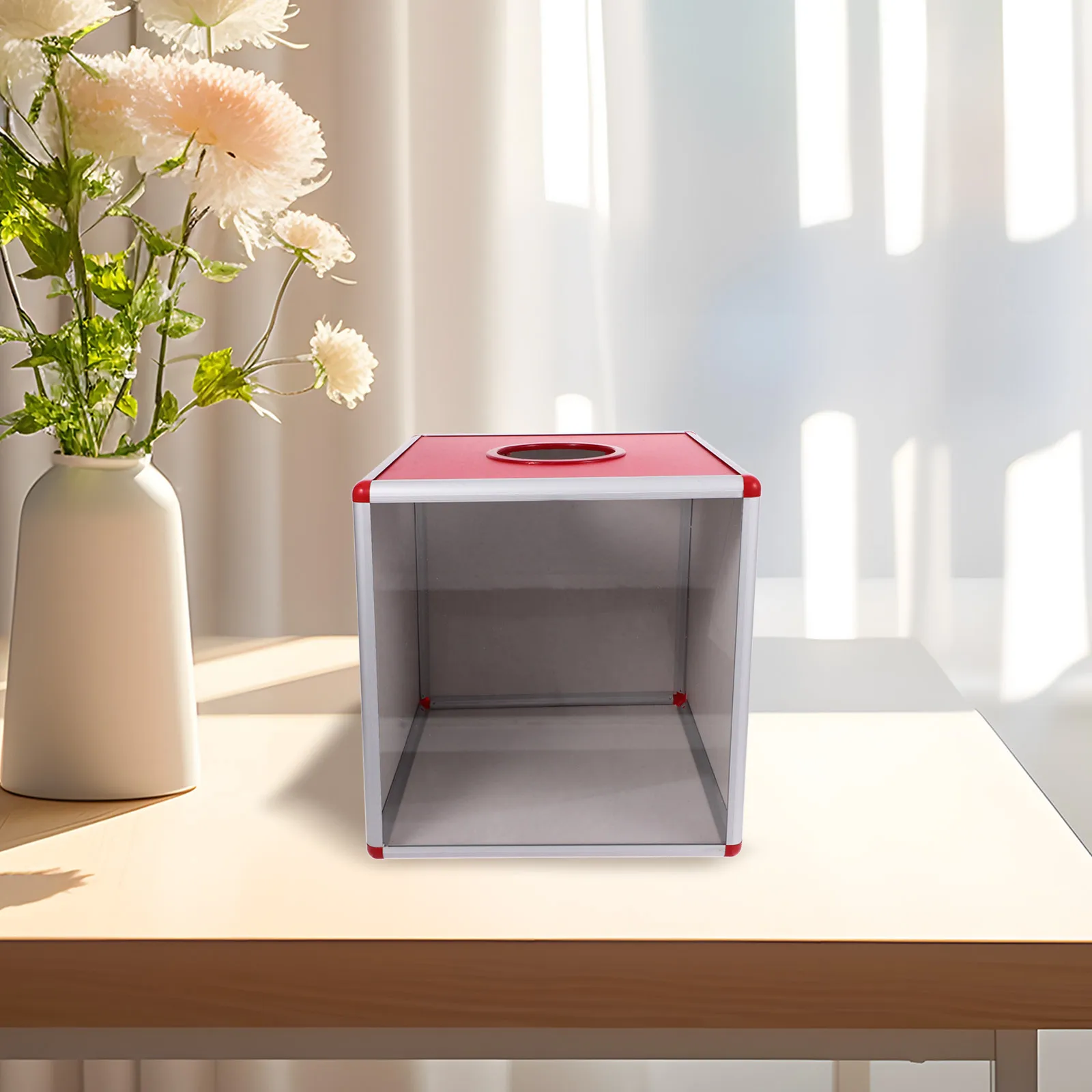 فتحة تخزين تذكرة شفافة لصندوق السحب الأحمر الشفاف لألعاب حفلات التبرع بالتصويت وأحرف الصمامات وأحداث الرسم