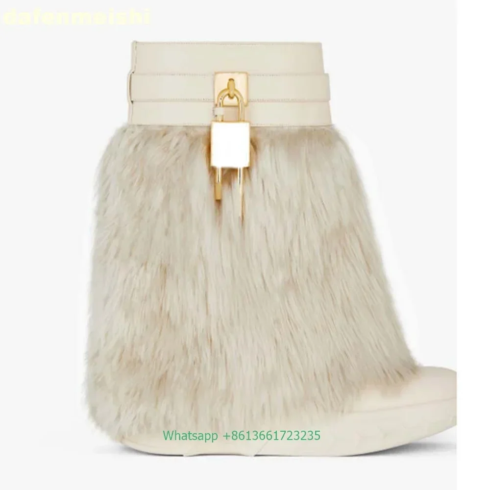 2025 Winter New Gold Lock Shark Boots Fur Tassel Style Fashion Round Toe Wedges Mid-Calf Boots Platform Bottom Large Size Boots