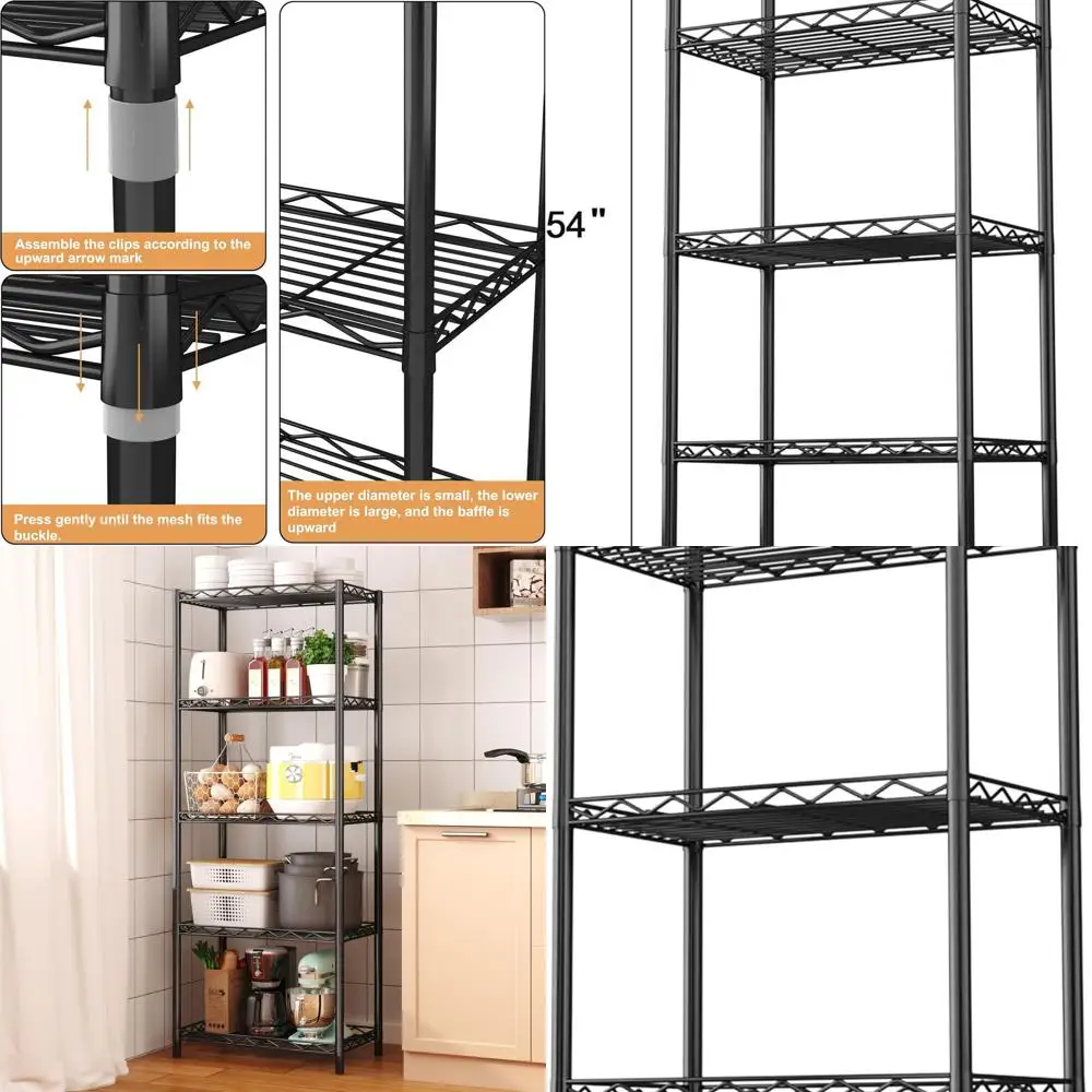 

5-уровневый металлический стеллаж с 5 полками для организации хранения на кухне, кладовой и белье черного цвета