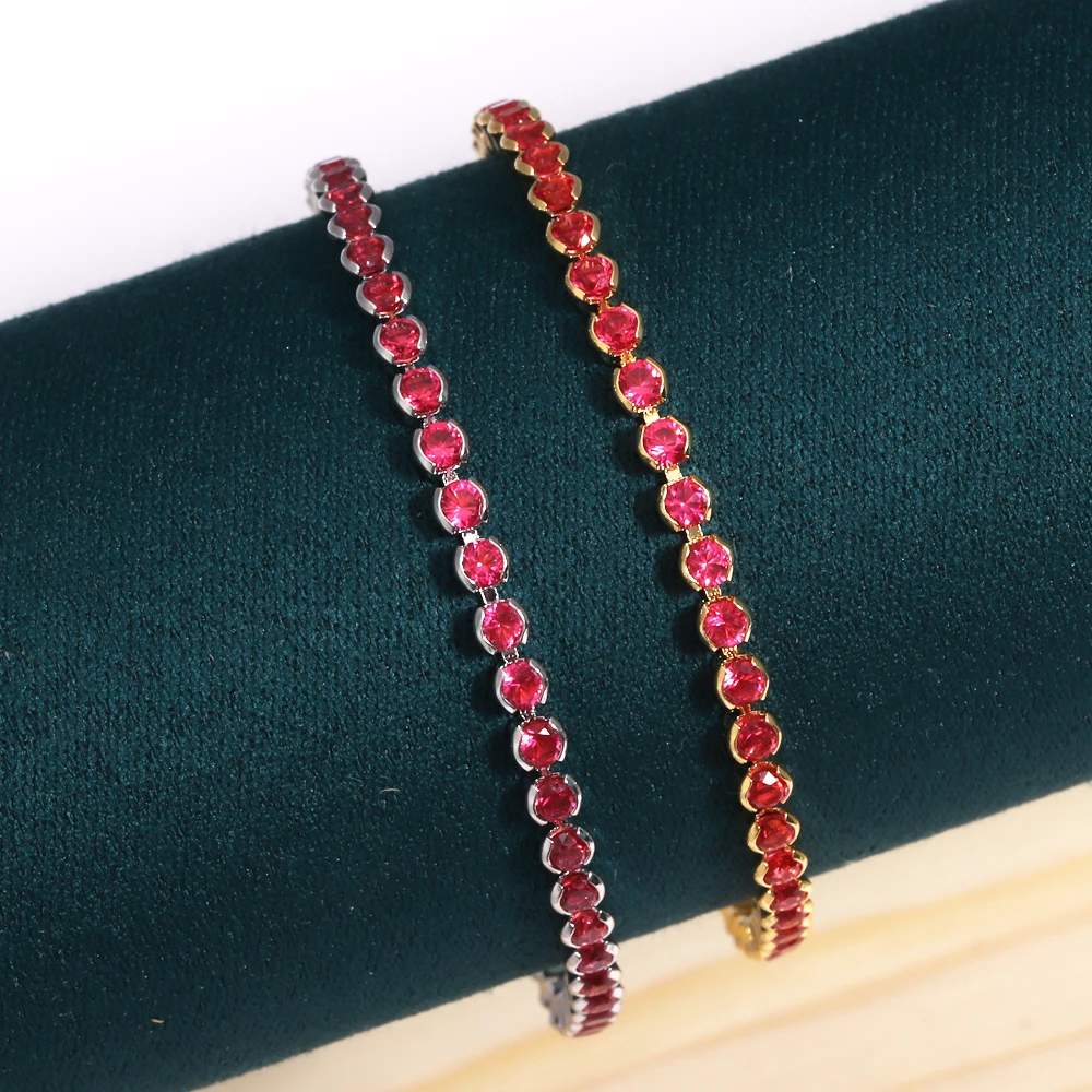 Round Crystal Tennis Bracelets for Women Waterproof Rose Red 3mm CZ Wedding Birthstone Hand Chain Jewelry Wholesale