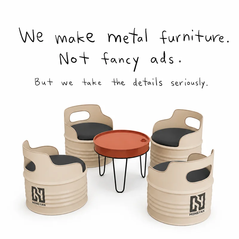 #Custom Iron Oil Drum Style Restaurant Furniture Set 4 Chairs 1 Round Table with Cushioned Seats for Commercial Spaces