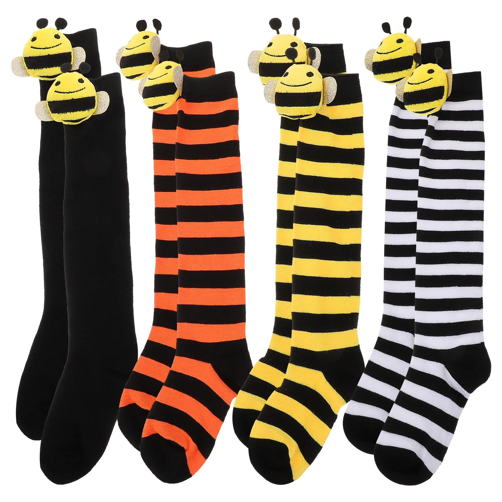 

4Pairs Children Long Tube Socks Cute Bee Pattern Soft Comfortable Breathable Fabric for Girls Daily Wear Cosplay Over Knee