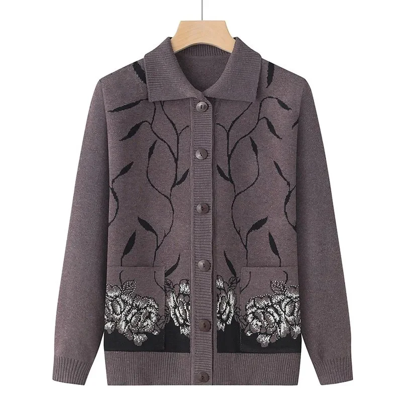 Grandma Lapel Knitting Coat Warm Autumn Winter Womens Clothing Buttons Long Sleeve Middle Aged Mother Print Cardigan Sweaters