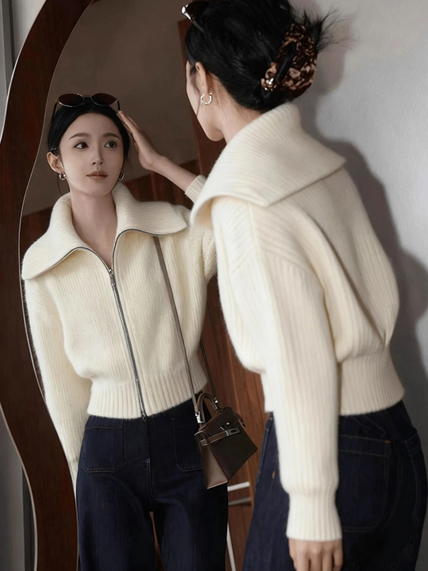 

Ladies Thickened Zipper Knitted Sweater Stand Collar Soft Cozy Commute Style Korean Fashion Autumn Season Long Sleeve Top