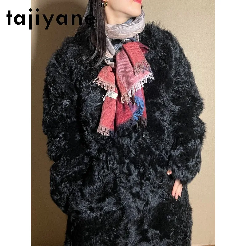 TAJIYANE Toscana Sheep Shearling Real Fur Coat Women Fourrure Outerwear Winter Coats Fur Jacket Warm V-neck Overcoat Loose Шуба