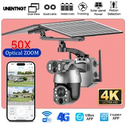 UNENTNGT Dual Lens 4K 50X ZOOM Solar Camera 4G SIM Outdoor 360° PTZ Solar WIFI Security Video CCTV Monitor Human Detection Cam