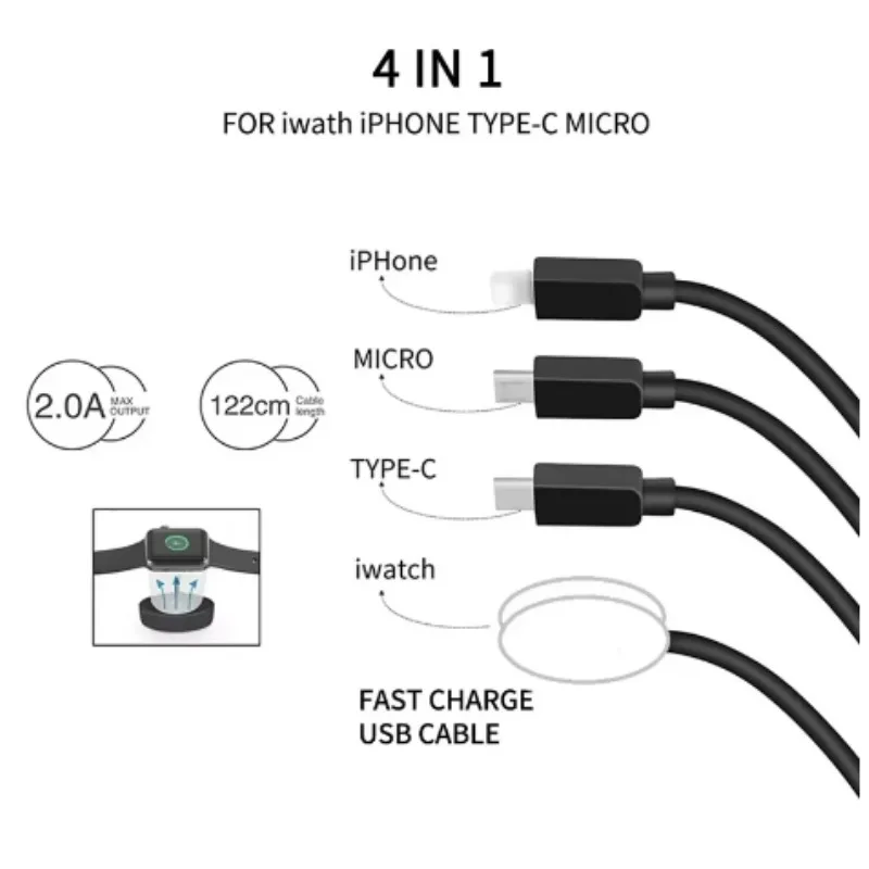 Cabo de Carregamento 4 em 1 USB/Type-C PD - متوافق مع iPhone 14، Android، Apple Watch e iWatch
