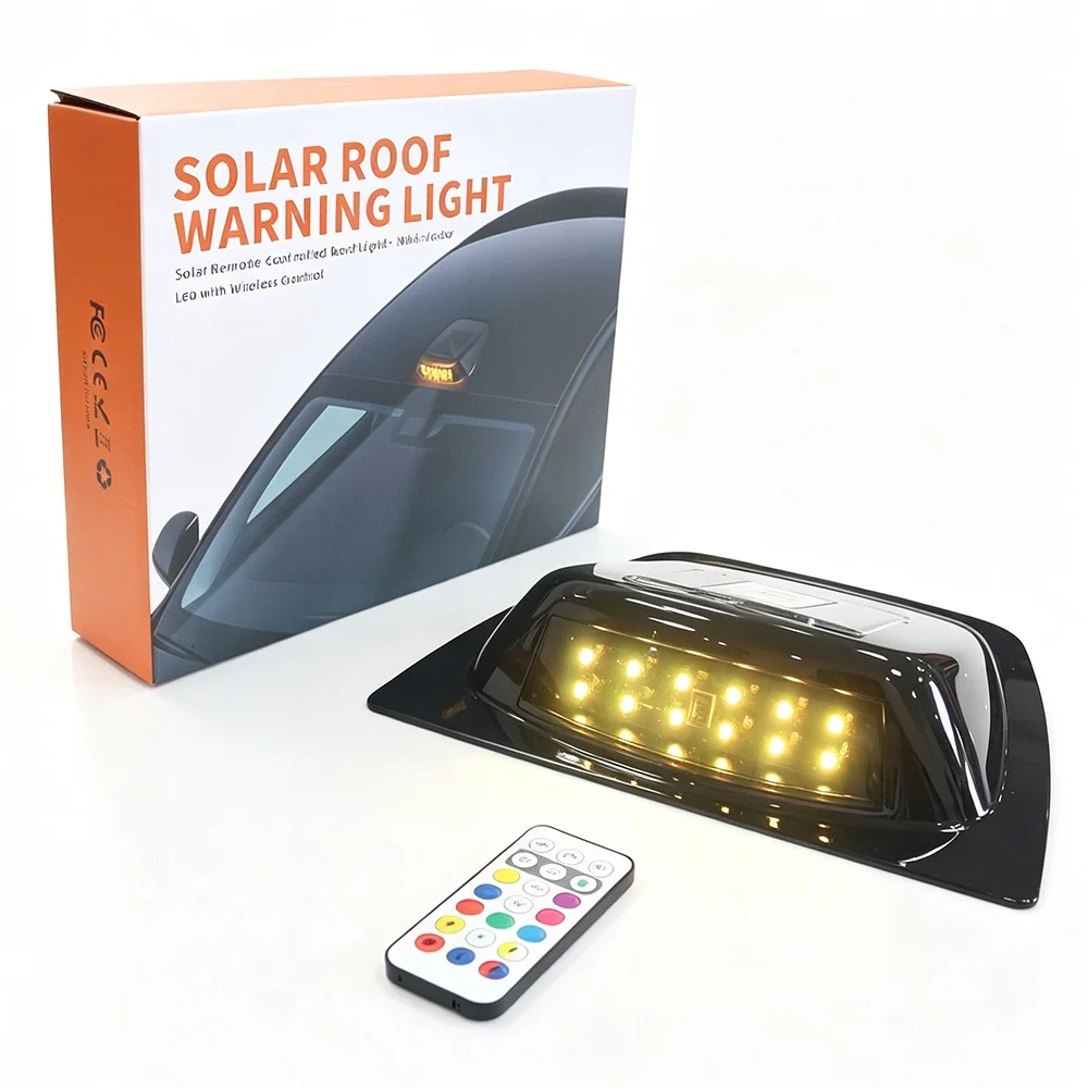 RGB Solar Car Roof Warning Light - No Wiring Needed! Remote Control Multi-Mode Flashing Lamp for Truck SUV RV