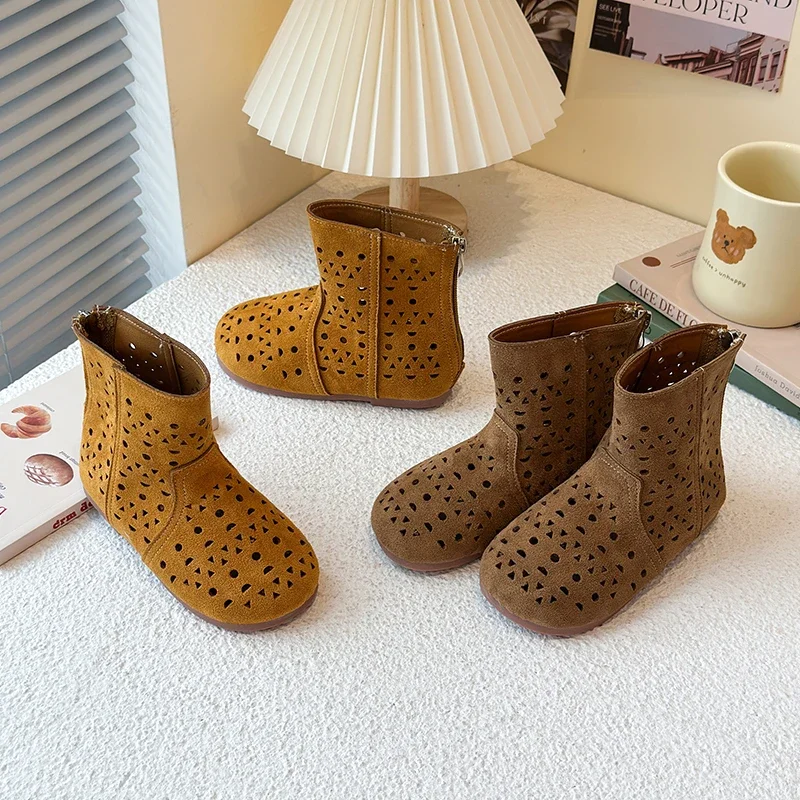 

Kids Leather Boots Retro Soild Color Boys Girls Short Boots Hollowed-out 2025 Brand New Children Summer Autumn Boots Back Zipper