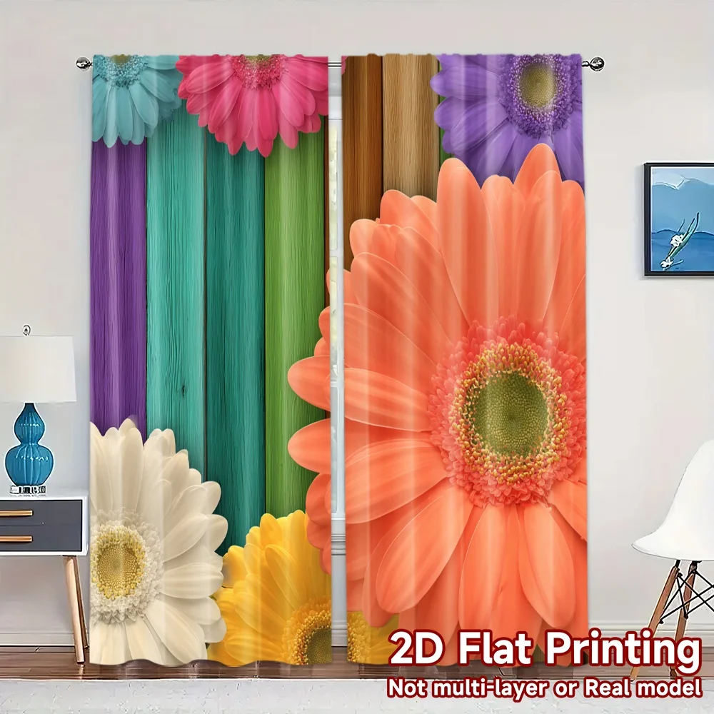 Colorful Gerbera Daisy Curtains, 3D Flower Wood Background Window Drapes, Vibrant Nature Decor, Blackout Fabric for Living Room
