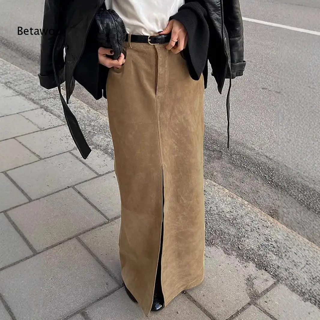 

Vintage Khaki Faux Suede High Waist Maxi Skirt Front Slit Detachable Belt For Office And Streetwear Outfit