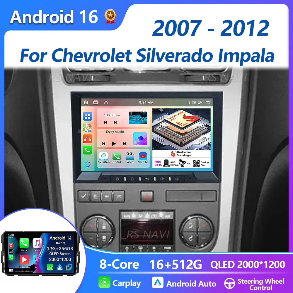 Radio para Auto con Pantalla 2K Qualcomm, Android 16 Carplay, Plug and Play, para Chevrolet Silverado, Impala, GMC Yukon, Acadia, Sierra