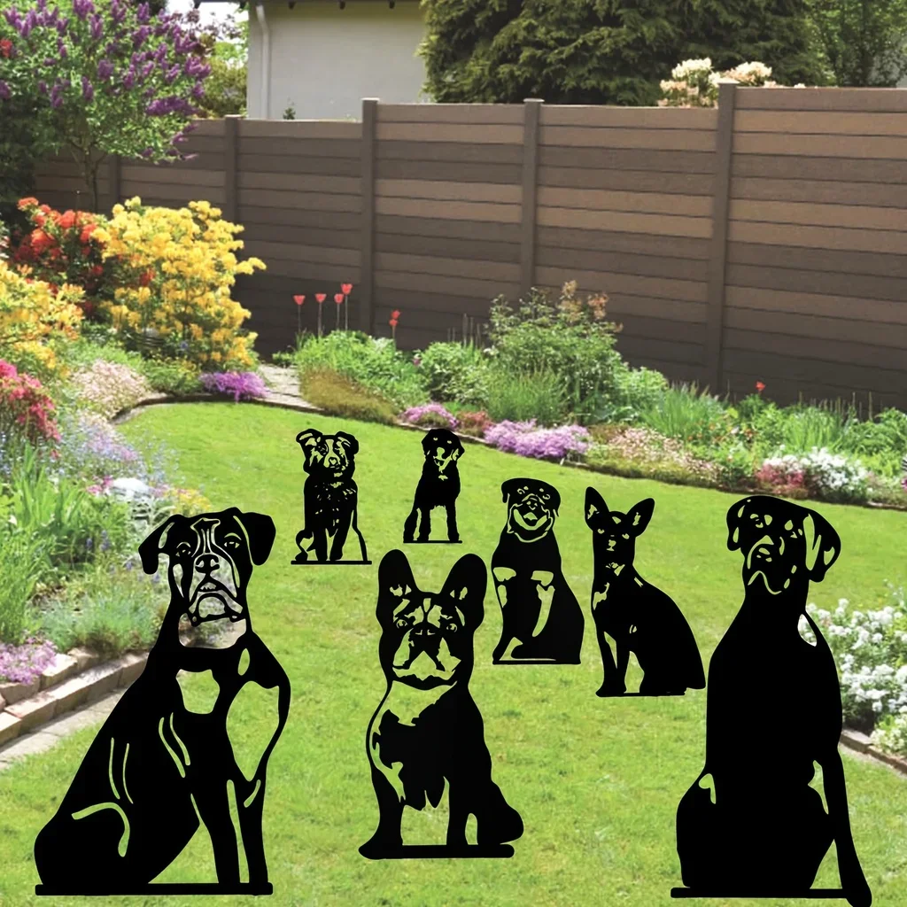 Statua del cane della decorazione del giardino del metallo 1pc, palo decorativo del giardino del cane nero della Silhouette, decorazione all\'aperto