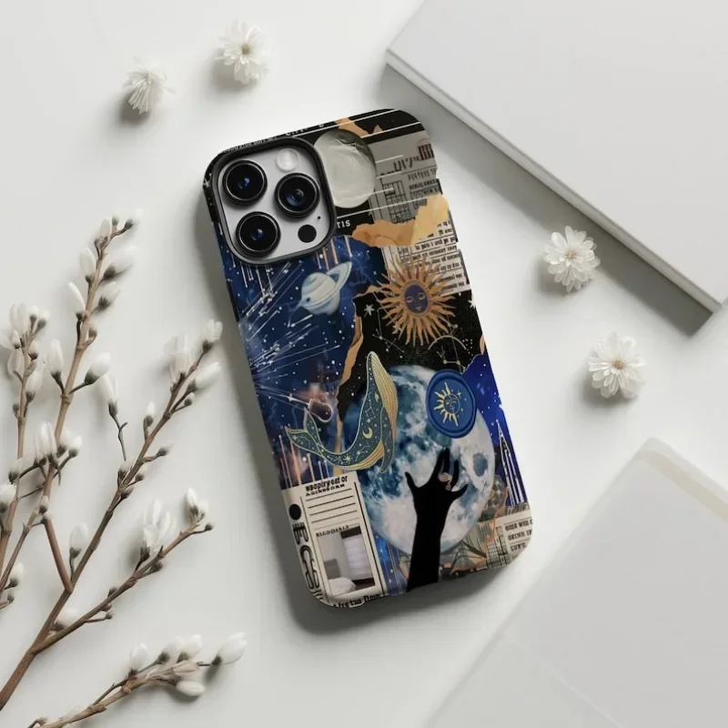 Celestial Book Collage Phone Case For IPHONE 16ProMax 15 14 13 12 11 PRO Plus Acrylic TPU Two in one Mobile Phone Cases