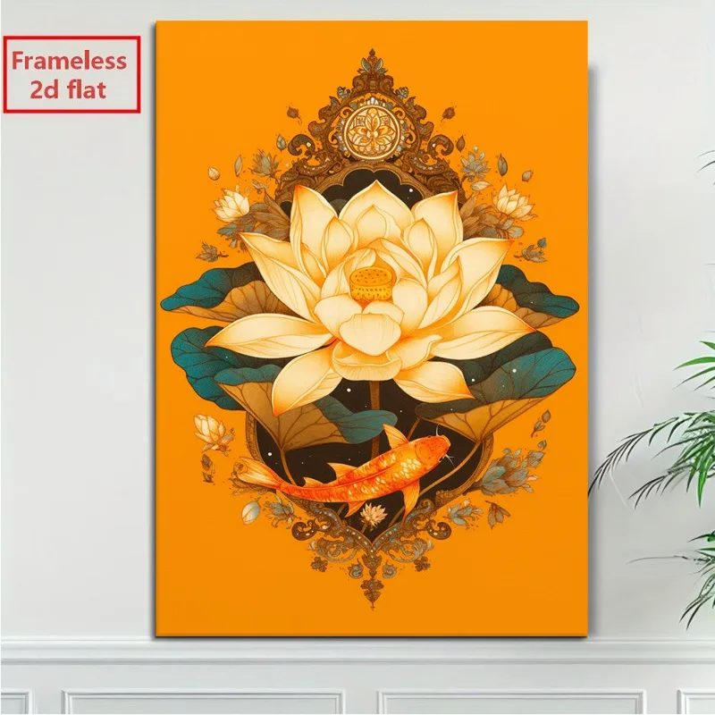 2D Flat, 2D Flat, 2D Flat 1pc Unframed 2D Flat Canvas Art: Golden Lotus Koi Fish on Vibrant Orange Background, Ornate Vintage