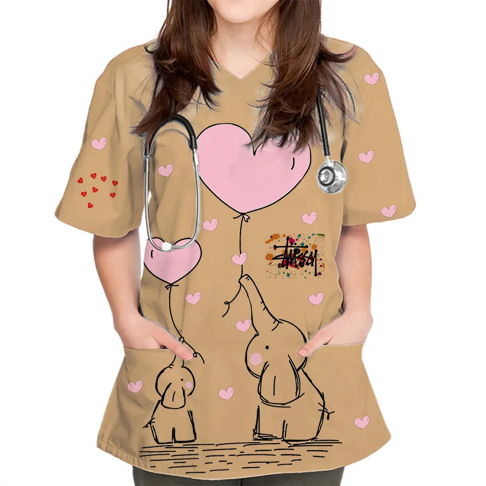 

Women Heart Print Pet Grooming Uniforms Short Sleeve V-neck Tops Working Uniform Printing Pocket Blouse Tops Nurses Uniform