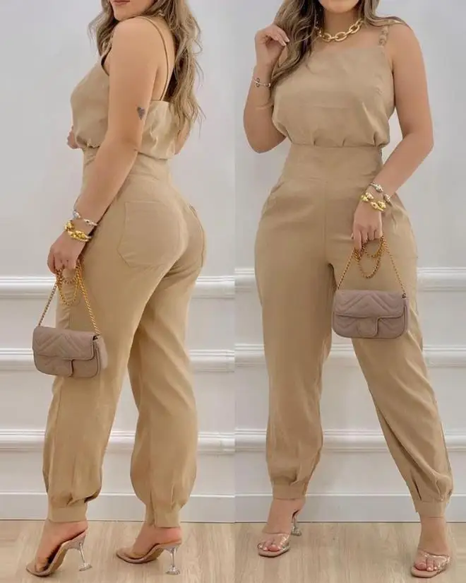 

Italian Noodle Strap Square Neck Sleeveless Top and High Waist Pocket Design Long Pants Set Solid Color Two Casual Piece Set