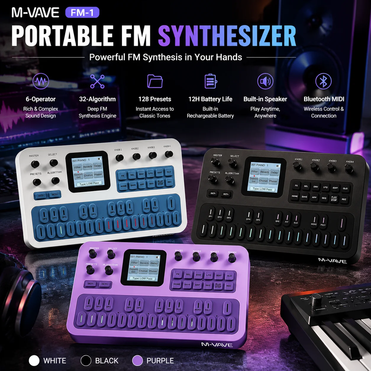 M-Vave FM-1 Portable FM Synthesizer with Built-in Speaker Bluetooth MIDI 12H Battery 27-Key Sound Source Music Keyboard Device
