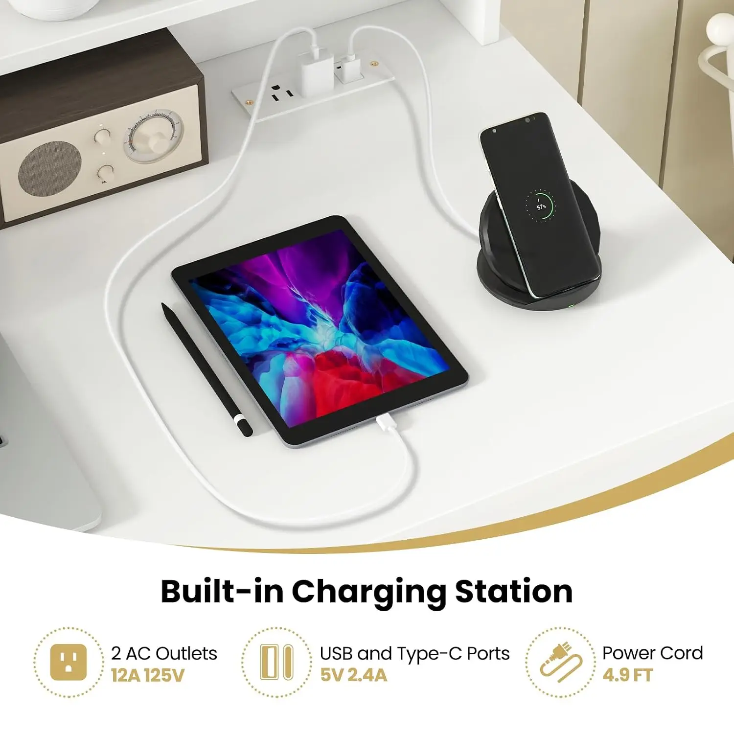 White Computer Desk Charging Station Drawer Removable Shelf Keyboard Tray Hutch Home Office Desk Bedroom, Customized