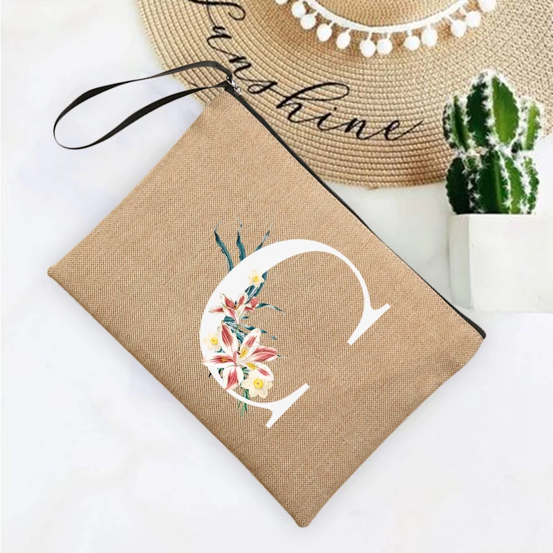 Initial Letter Flower Linen Zipper Pouch Women Cosmetic Bags Mujer Bolsa Summer Beach Travel Organizer Case  Neceser Make Up Bag