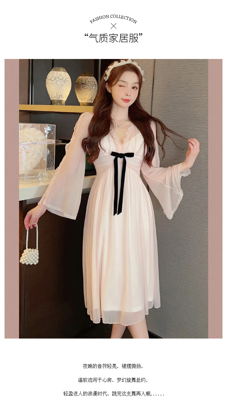 Women Nightgowns Satin Silk Spaghetti Strap Sleepwear Lace Nightwear Bow Sweet Dress Sexy Lingerie Mesh Homedress Nightdress