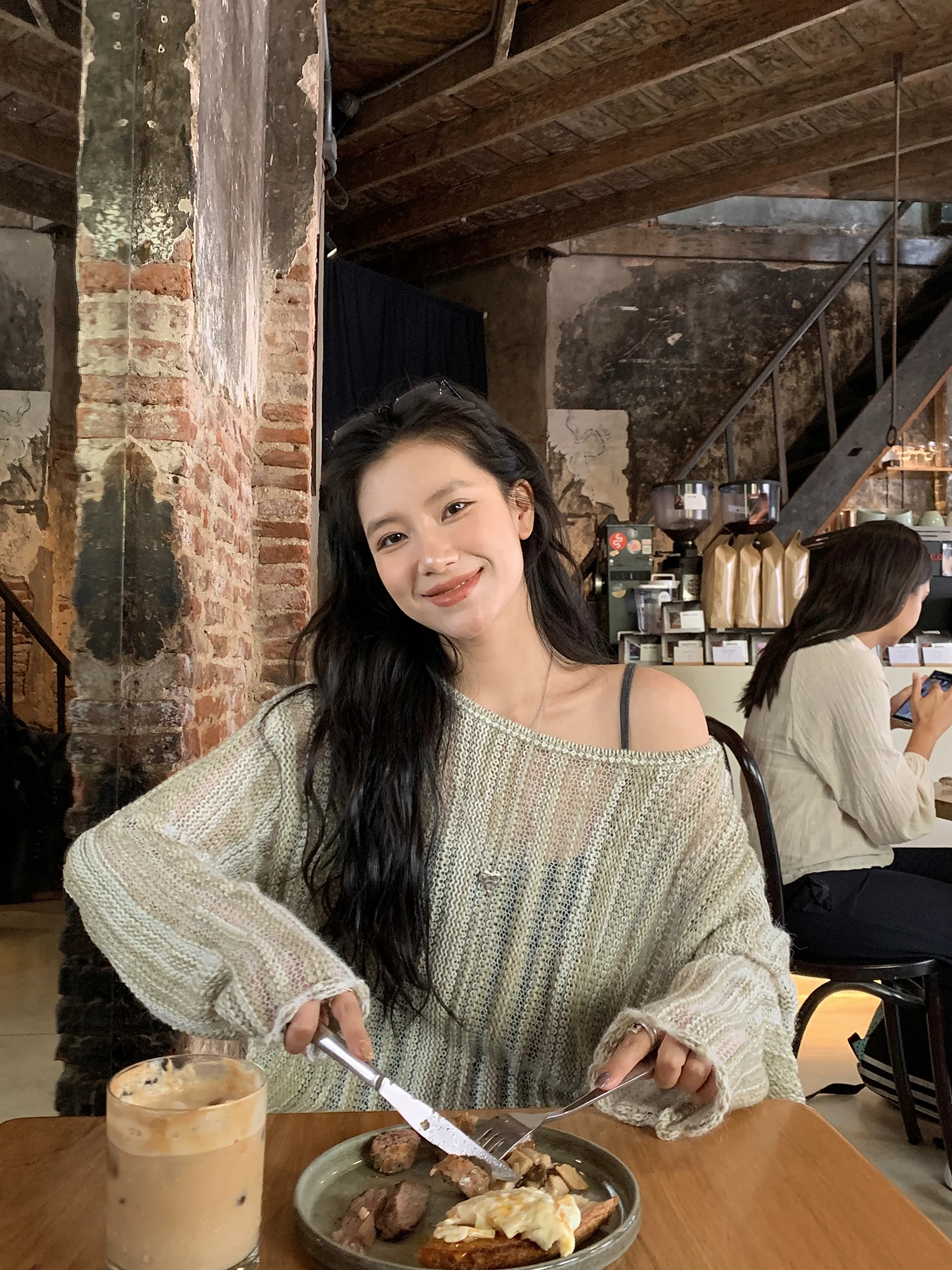 

DaqianwithU Vintage Wool Hollow out Top Women's Stripe Thin Korean Sle Lazy Sweater Loose Fit round Ne Spring Season