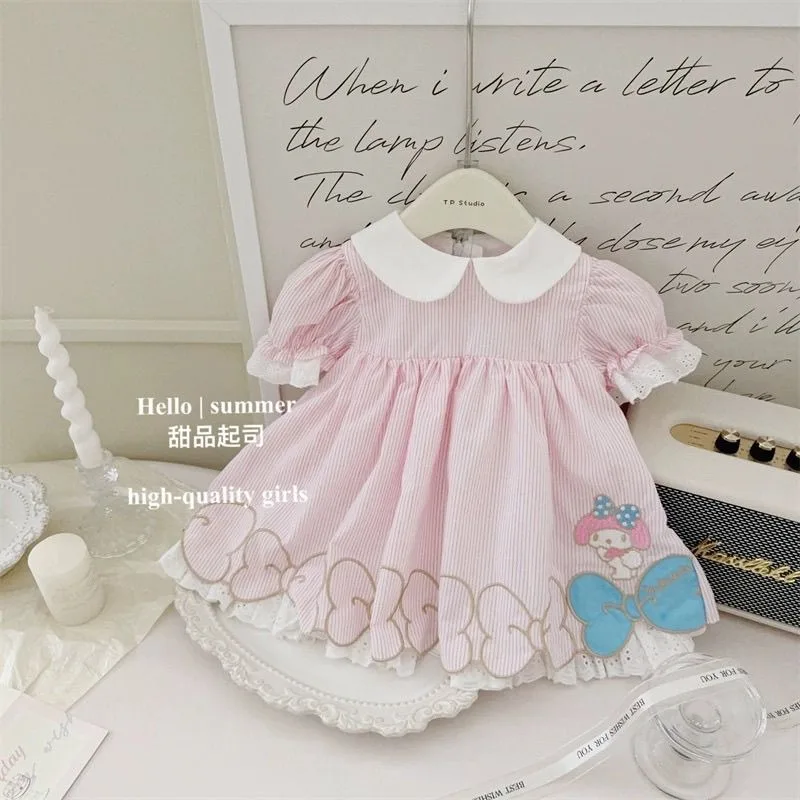 

My Melody Anime Kawaii Sanrio Ins Short Sleeve Dress Summer Cute Children Princess Skirt Clothes Lovely Gifts for Girls