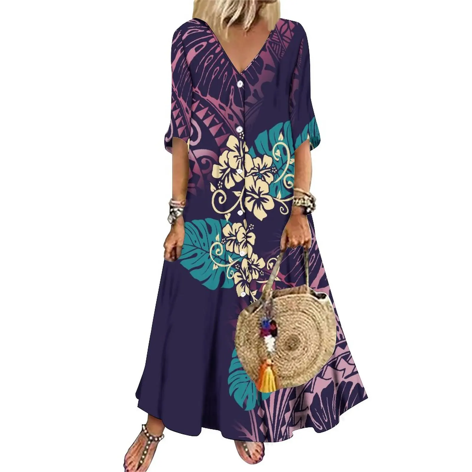 2023 Polynesian Printed Beach Wear Toga V-Neck Covered With Loose Sundress Long-Sleeved Swim Wear