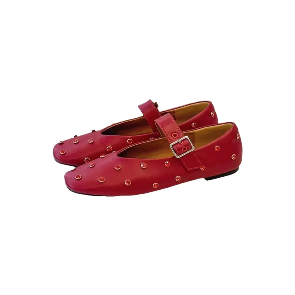 

2025 Women Flats Fashion Crystal Buckle Strap Shoes Woman Genuine Leather Square Toe Mary Janes Spring Summer Flats Size 34-43