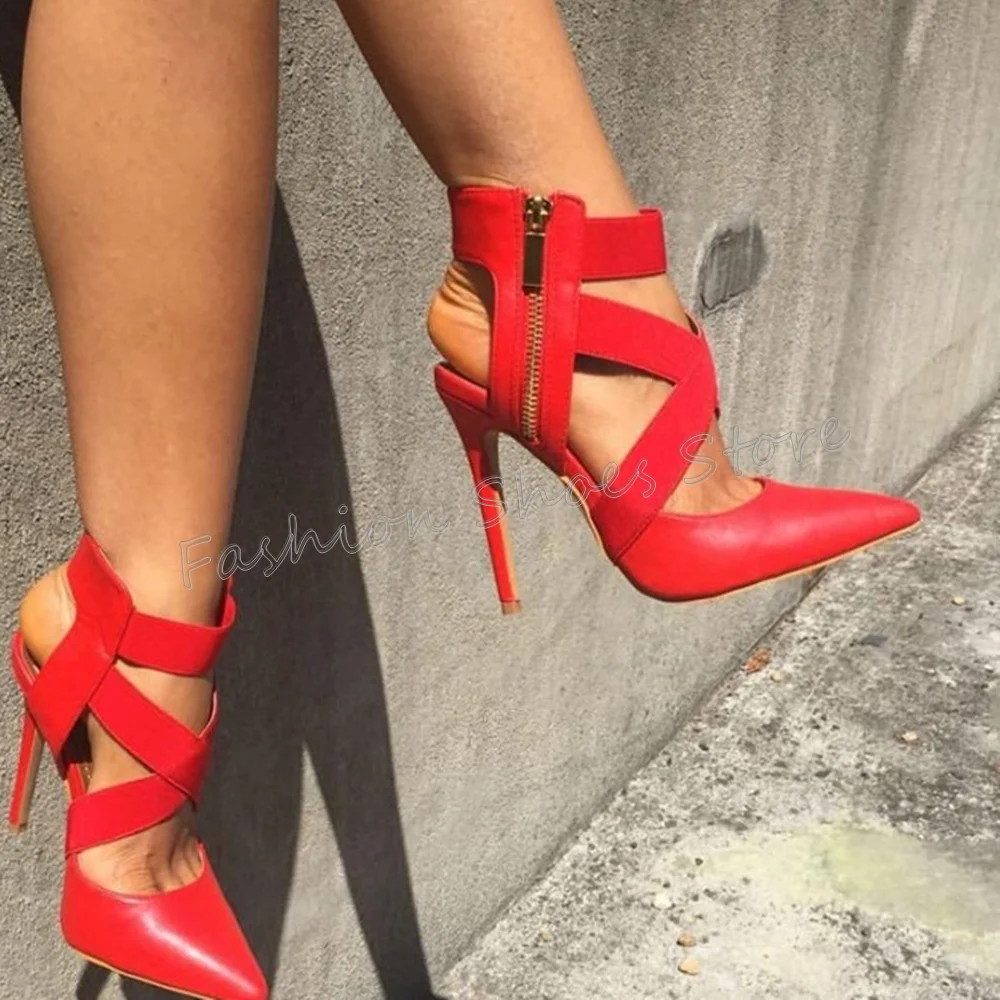 

Red Hollow Out Side Zipper Pumps Cross Strap Thin High Heels High Heel Shoes for Women Sexy Heels 2025 New Zapatos Para Mujere