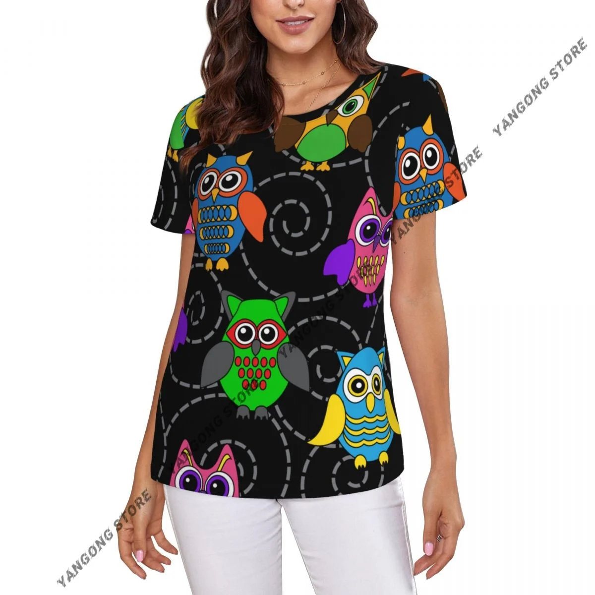 

T Shirt Women Curls And Cartoon Owls Tee Shirt Casual Round Neck Short Sleeve Streetwear Female T-Shirt