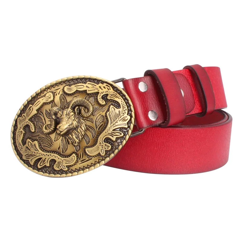 Fashion Belt Sheep Argali Golden Ram Head Buckle Cowskin Leather Goat Pattern Heavy Metal Rock Style Accessories