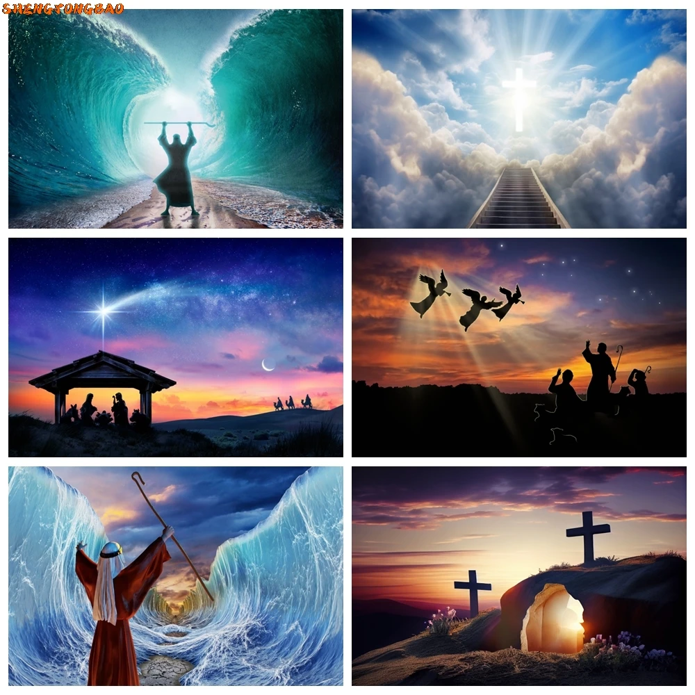 

Jesus Christ Cross Easter Backdrop for Photography Nativity Holy Bible Crucifixion Sunset Mountain Baby Shower Photo Background