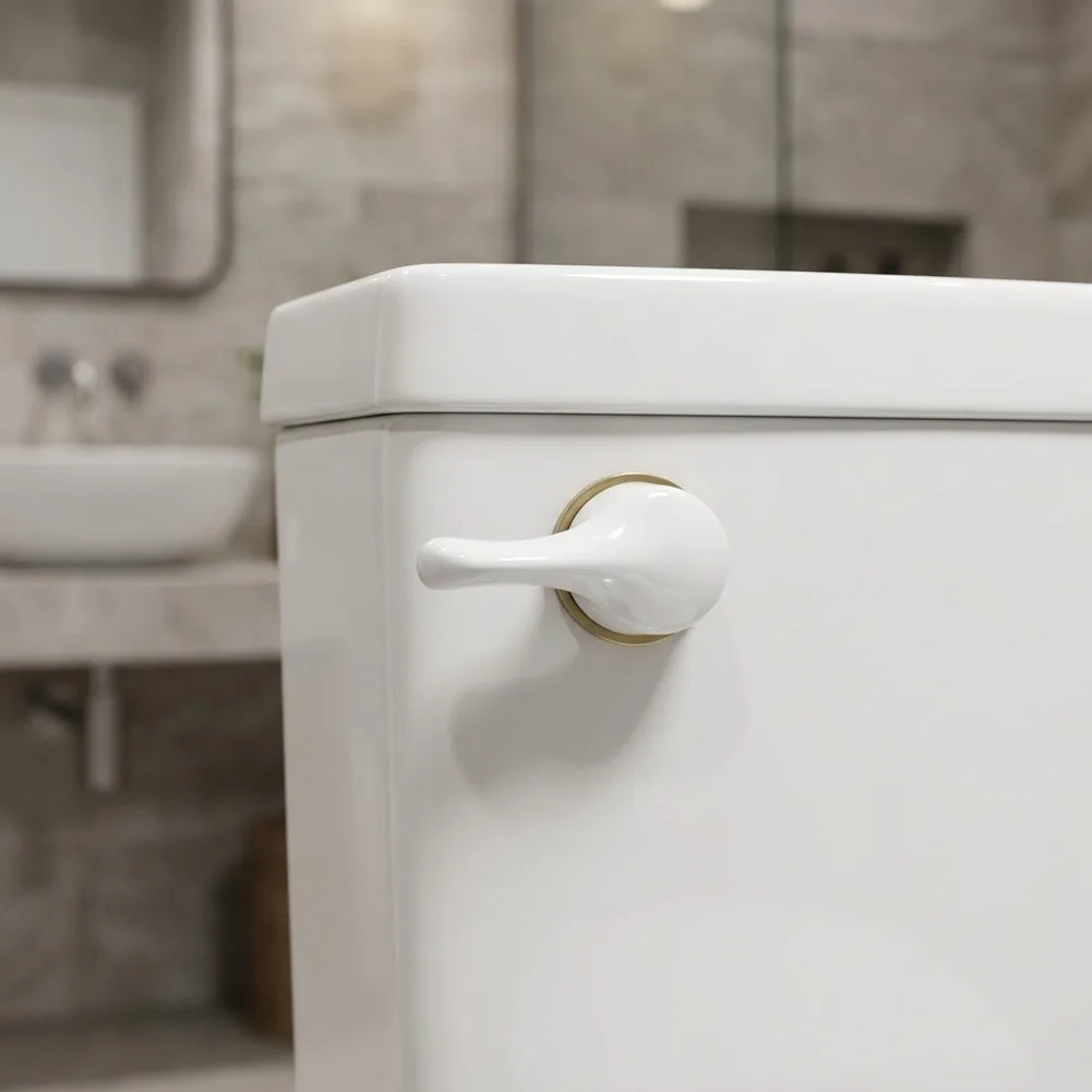 Front Mount Toilet Handle Assembly with Aluminum Flush Arm and White Plastic Button for Standard Tank Compatibility