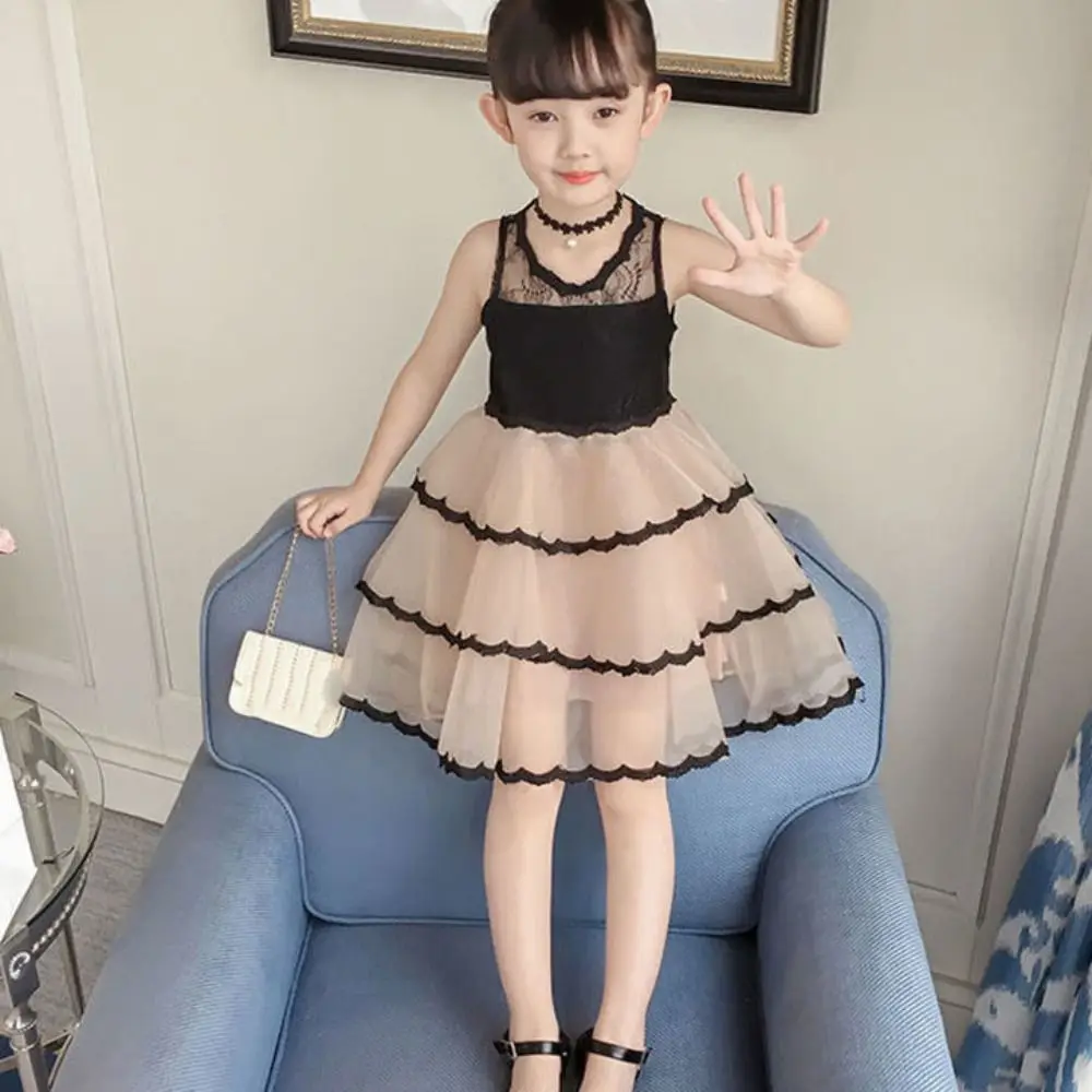 

Fashion Sleeveless Girls Princess Dress Loose Party Summer Lace Dress Sweet Beach Vacation Children Mesh Dress Summer