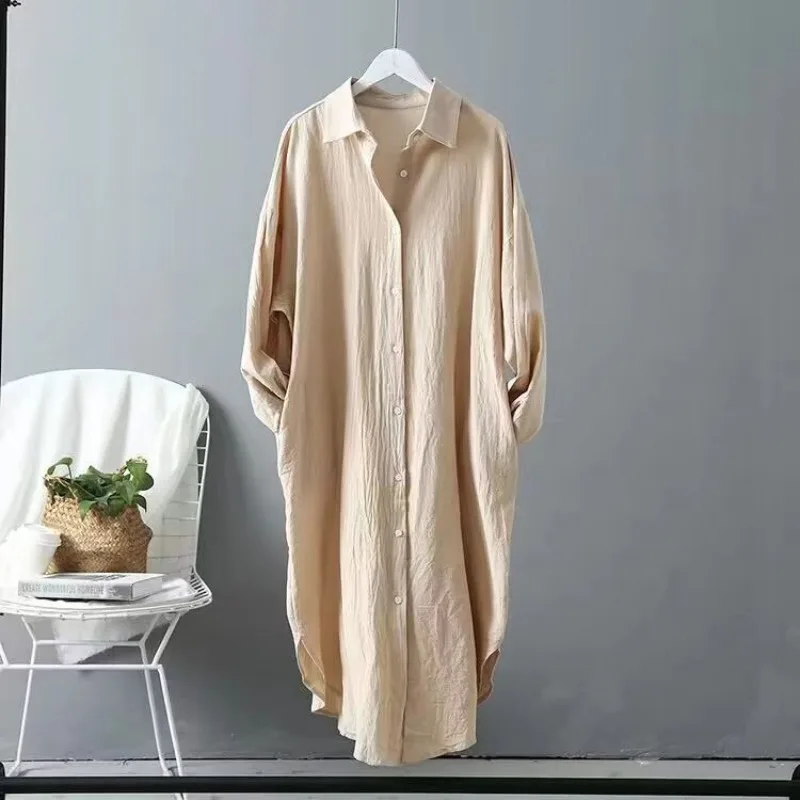 

Shirt Women's Spring and Autumn New Fashion Solid Color Sunscreen Top Medium Long Loose Shirt Long Sleeve Large Size Top Dress