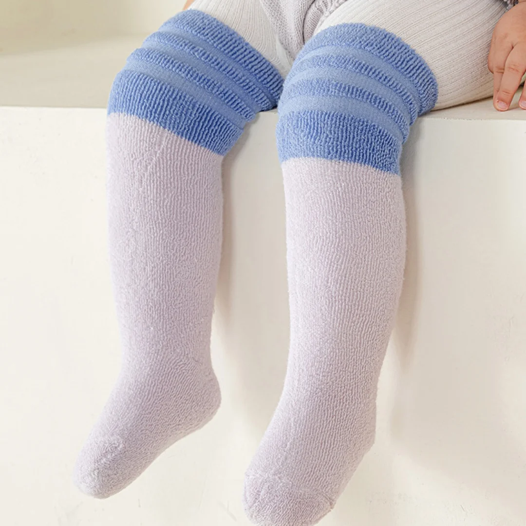 6-3Y Kids Color Block Striped Long Socks Kids Warm Plush Knee High Socks Autumn Soft Stretchy Non Slip Cuff Children Socks