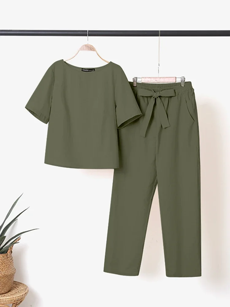 2025 ZANZEA 여름 2PCS 매칭 세트 짧은 소매 블라우스 하렘 바지 세트 여성 의상 캐주얼 솔리드 Tracksuit 두 조각 세트