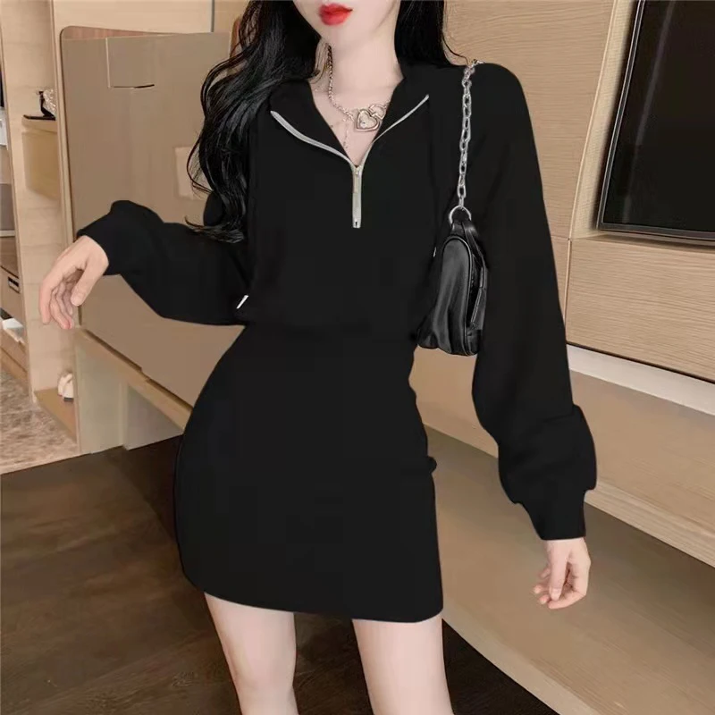 Sexy Slim Female Dress 2022 Summer New Solid Puff Long Sleeve Short Hooded Sweater Skirt High Waist Bag Hip Women Dresses