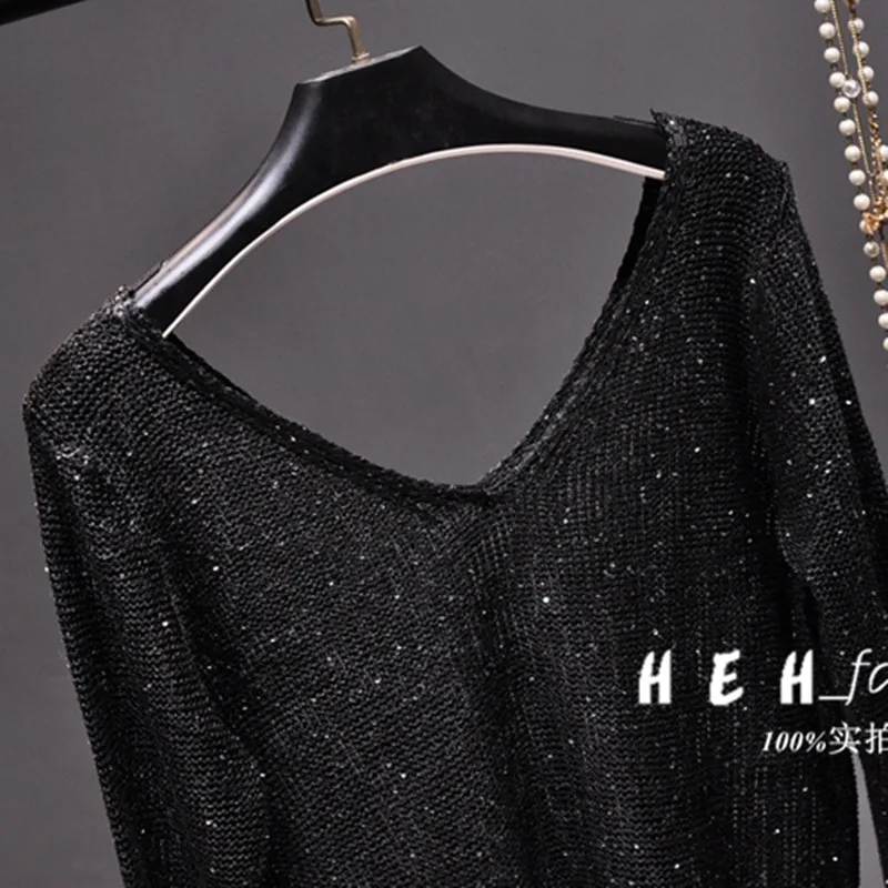 Sequined Double V-Neck Slim Fit Slim Knit Sweater Sparkling Sexy Hollow Bottom Long Sleeve Off-the-Shoulder Top