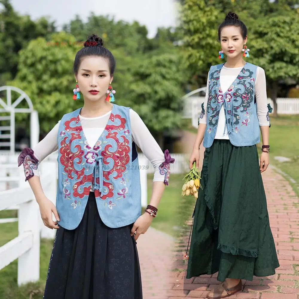 

2024 traditional chinese qipao women vest flower embroidery oriental ethnic sleeveless waistcoat chinese traditional tang suit