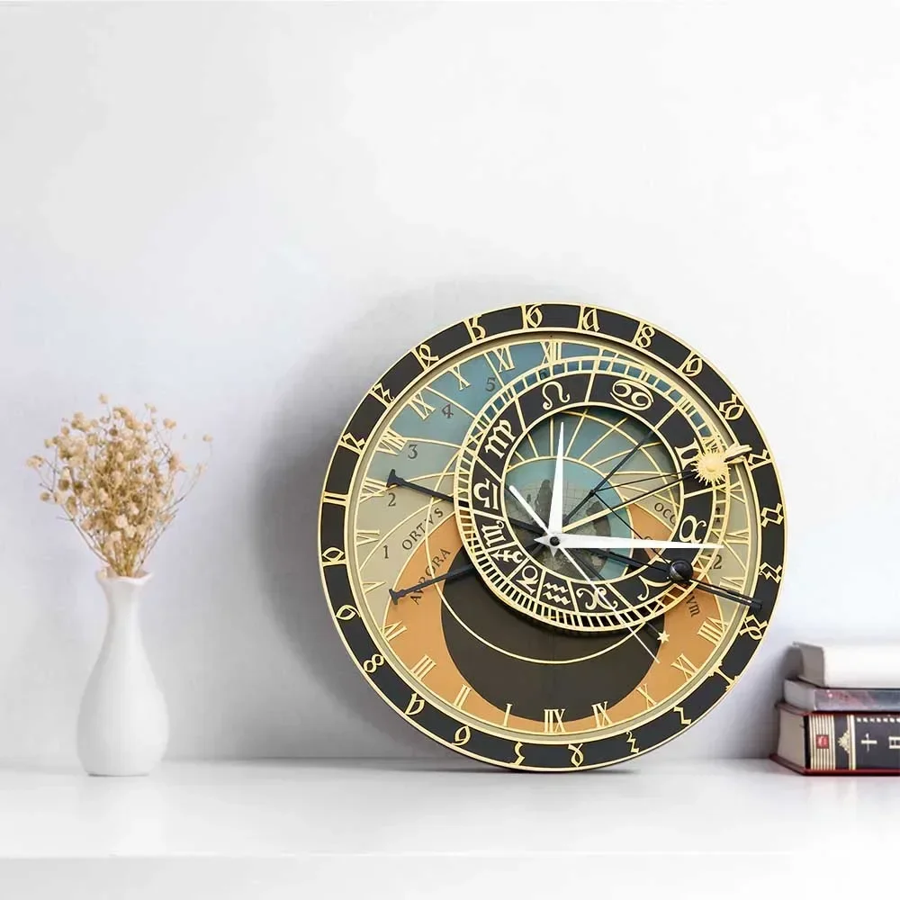 Czech Republic Prague Printed Astronmical Wall Clock For Bedroom Steampunk Astrology Timepieces European Travel Home Decor Watch