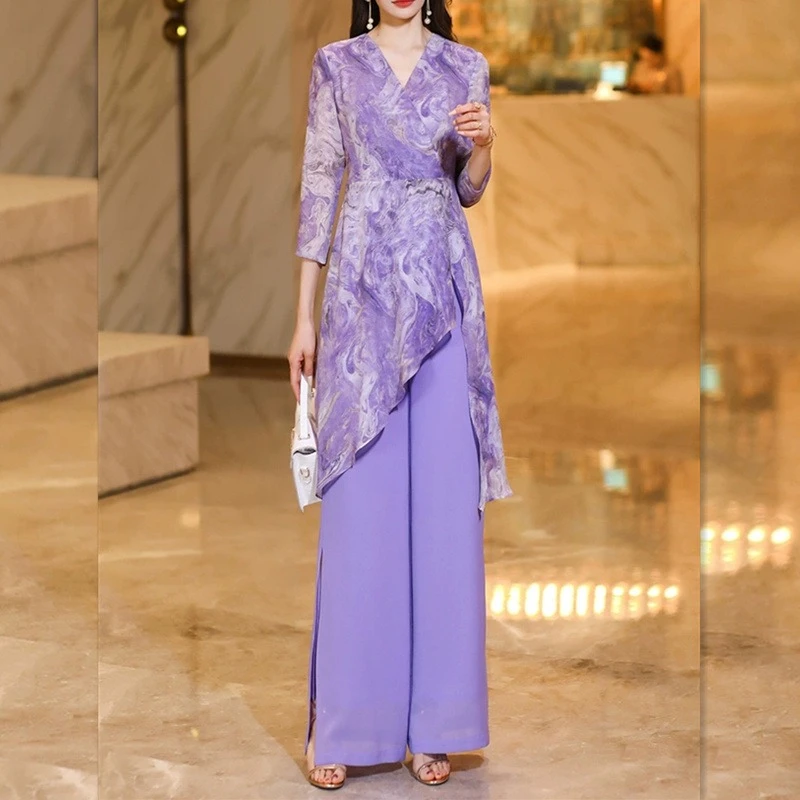 New Style Women Summer Chiffon Suit Casual Wide Leg Pants Elegant Temperament Youthful Age Reducing Two Piece Set