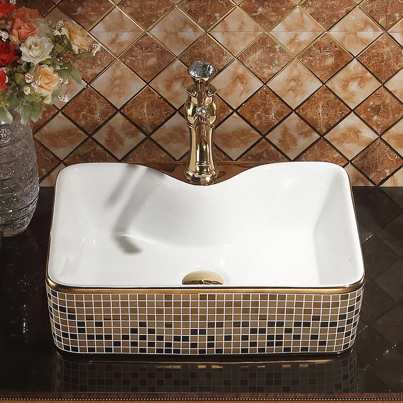 

Bathroom Inter-Platform Basin Ceramic Household Wash Basin Bathroom Rectangular Table Basin Square Art