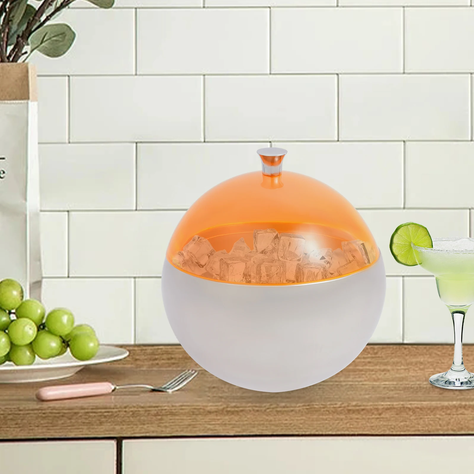 Stainless steel spherical ice bowl with orange lid