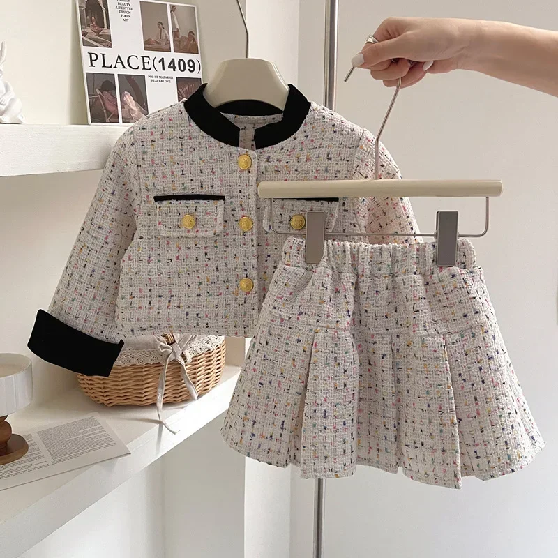 

Girls' Suit Spring and Autumn New Girls' Small Fragrance Woven Coat + Pleated Skirt Two-piece Set Girls Clothes